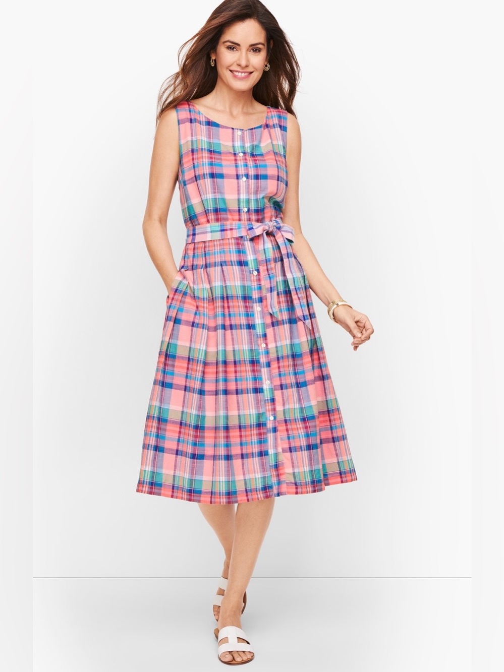 Talbots Plaid pink and blue midi button front dress • like new
